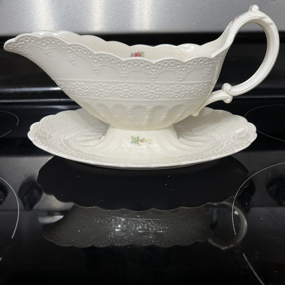 Antique Spode Jewel China BILLINGSLEY ROSE Gravy Boat w/ Underplate - Picture 2 of 11